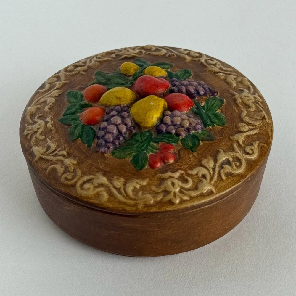 Vintage Sculpted & Hand Painted Ceramic Trinket Box Signed 1983 Fruit Design